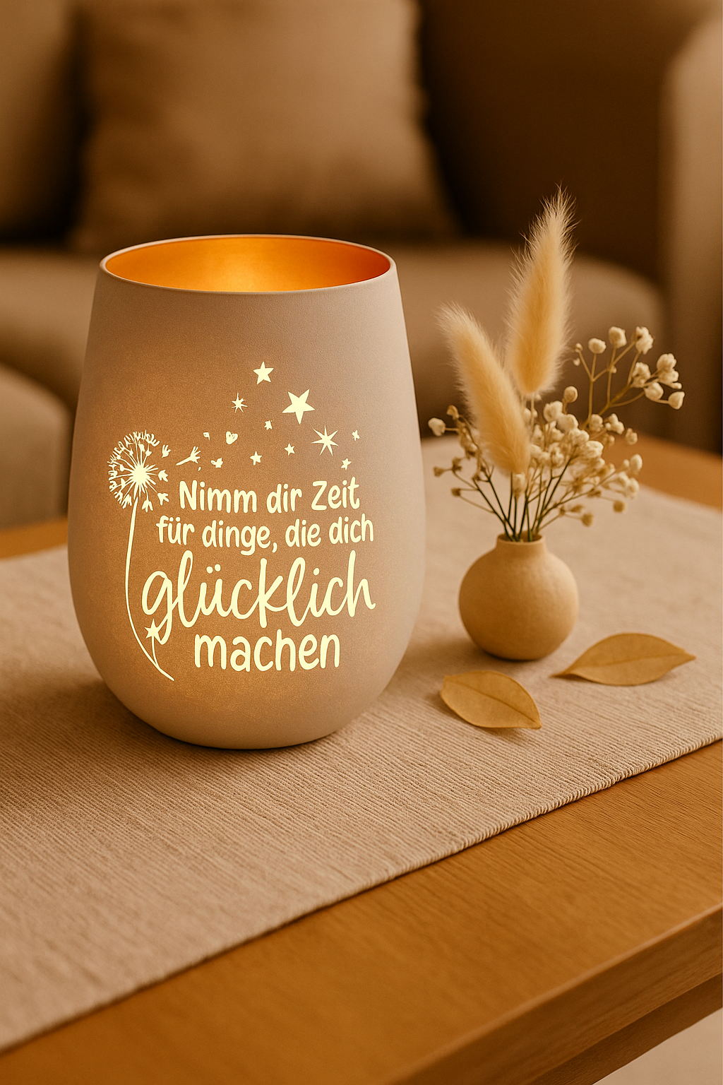 Modernes Windlicht mit Gravur und inspirierendem Spruch als kleine Aufmerksamkeit oder Herzgeschenk für gemütliche Wohnatmosphäre.

