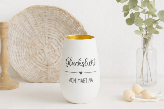 Windlicht personalisiert mit Namen Glückslicht mit goldener Innenseite als Geschenk für beste Freundin Lieblingsmensch
