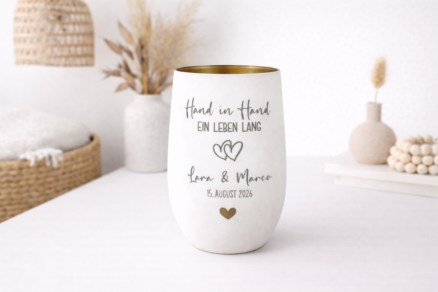 Personalisiertes Windlicht mit Gravur Hand in Hand ein Leben lang, Namen und Datum, Geschenk Hochzeit oder Valentinstag