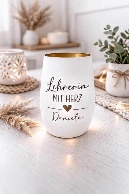 Personalisiertes Windlicht Lehrerin mit Herz mit Name, Geschenk zum Abschied oder Geburtstag für Lehrer oder Erzieherin