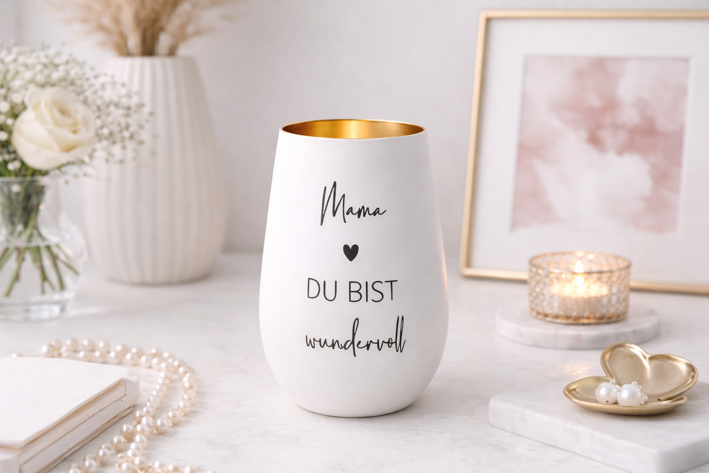 Windlicht mit Gravur Mama Du bist wundervoll aus mattem Glas mit goldener Innenseite als Muttertagsgeschenk und dekoratives Windlicht Glas.