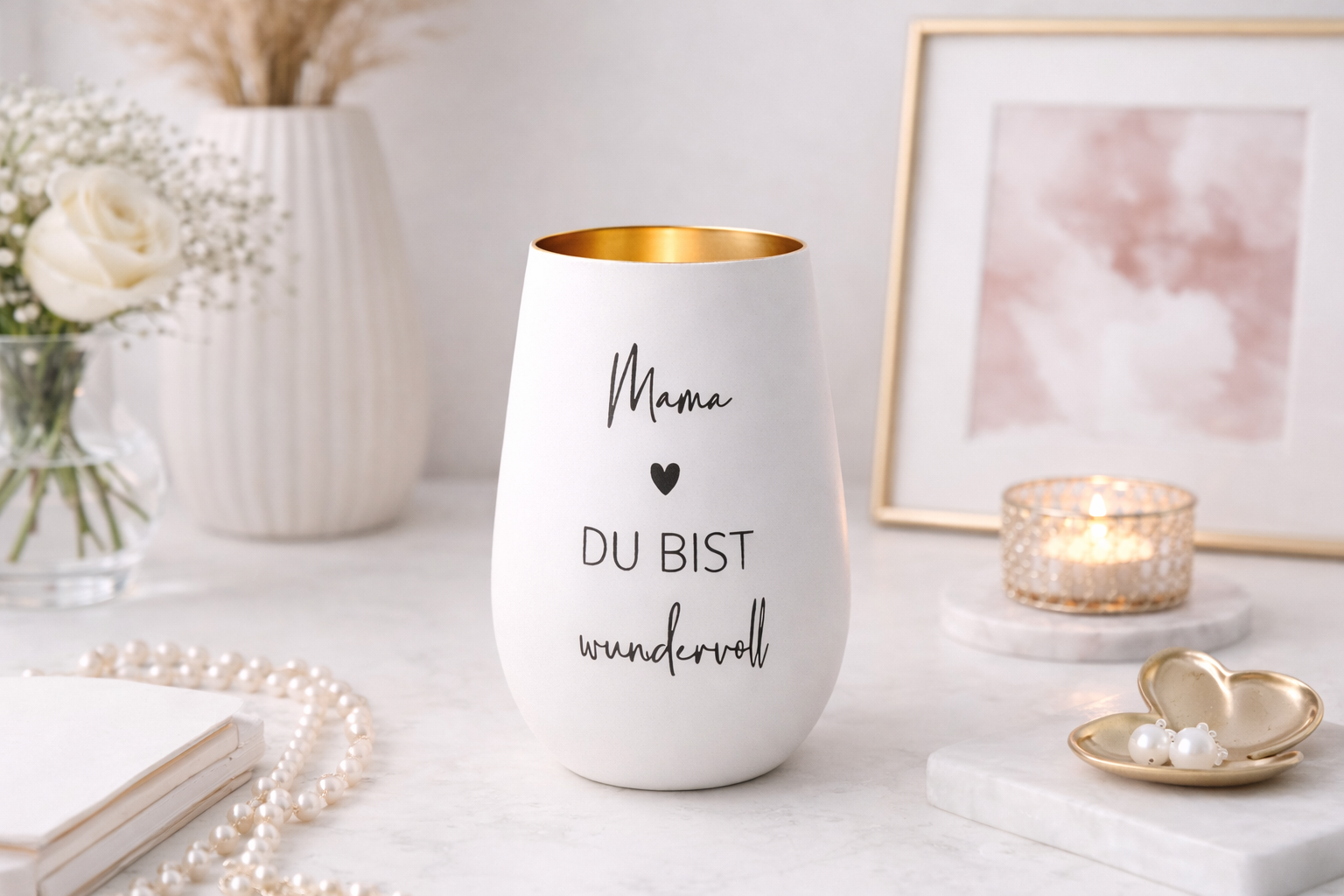 Windlicht mit Gravur Mama Du bist wundervoll aus mattem Glas mit goldener Innenseite als Muttertagsgeschenk und dekoratives Windlicht Glas.