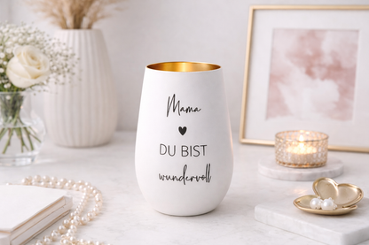 Windlicht mit Gravur Mama Du bist wundervoll aus mattem Glas mit goldener Innenseite als Muttertagsgeschenk und dekoratives Windlicht Glas.