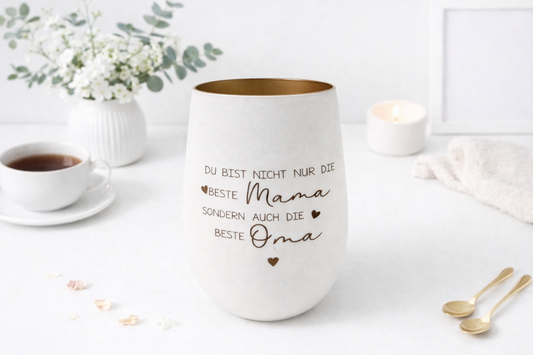 Windlicht mit Spruch beste Mama und Oma mit goldener Innenseite als Muttertagsgeschenk
