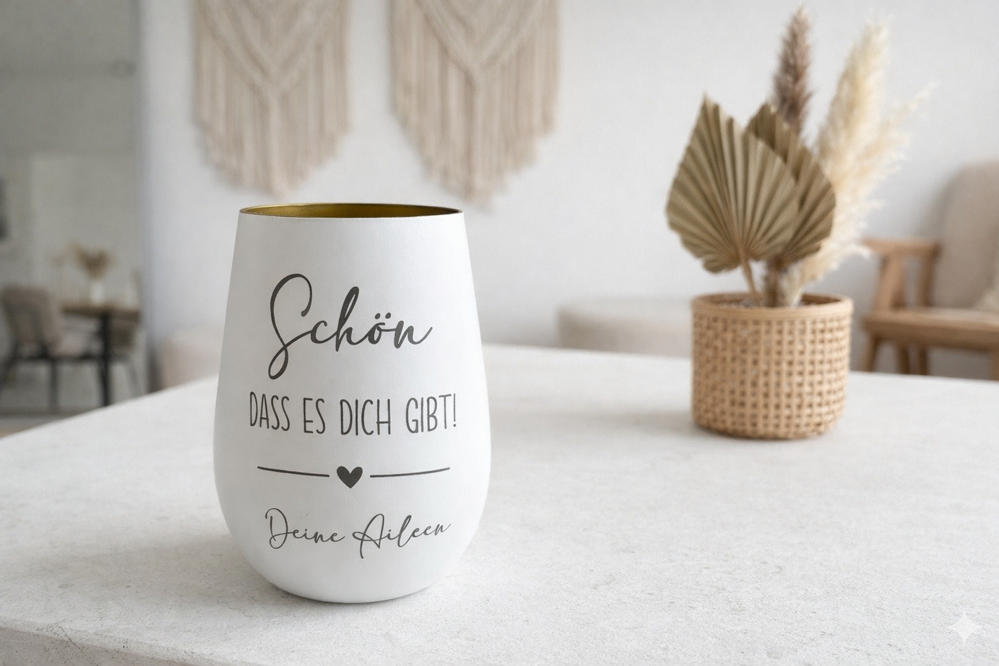 Graviertes Windlicht mit Herz und Spruch schön dass es dich gibt als liebevolles Kerzengeschenk