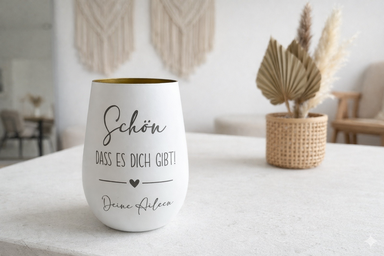 Graviertes Windlicht mit Herz und Spruch schön dass es dich gibt als liebevolles Kerzengeschenk