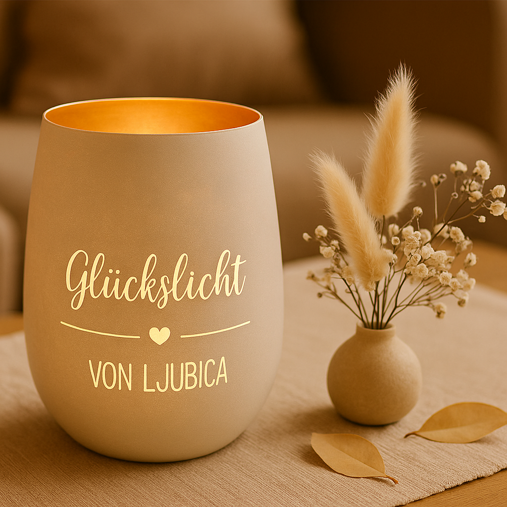 Graviertes Windlicht Glückslicht mit Name auf modernem Hintergrund als dekoratives Kerzengeschenk
