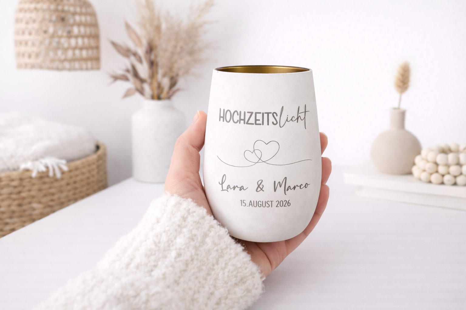 Windlicht mit Gravur Hochzeitslicht und Herzen, personalisiertes Geschenk zur goldenen Hochzeit oder Jahrestag