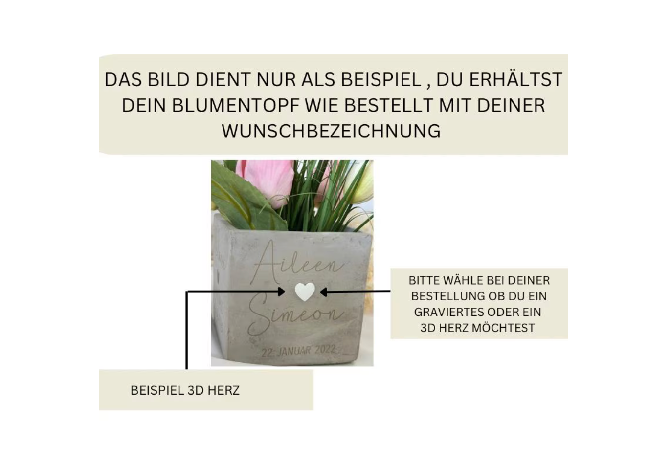 Beispielbild eines personalisierten Blumentopf mit Gravur und Wunschname sowie optionalem 3D Herz oder graviertem Herz. Hinweis zur Auswahl der Herzvariante bei der Bestellung. Individuelles Muttertagsgeschenk oder Beste Mama Oma Geschenk, perfekt zum Kleinigkeiten schenken für Geburtstag, Weihnachten oder Ostern mit persönlicher Wunschbezeichnung.
