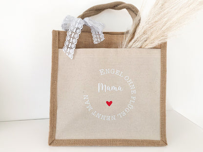 Jutetasche mit Spruch „Engel ohne Flügel nennen man Mama“