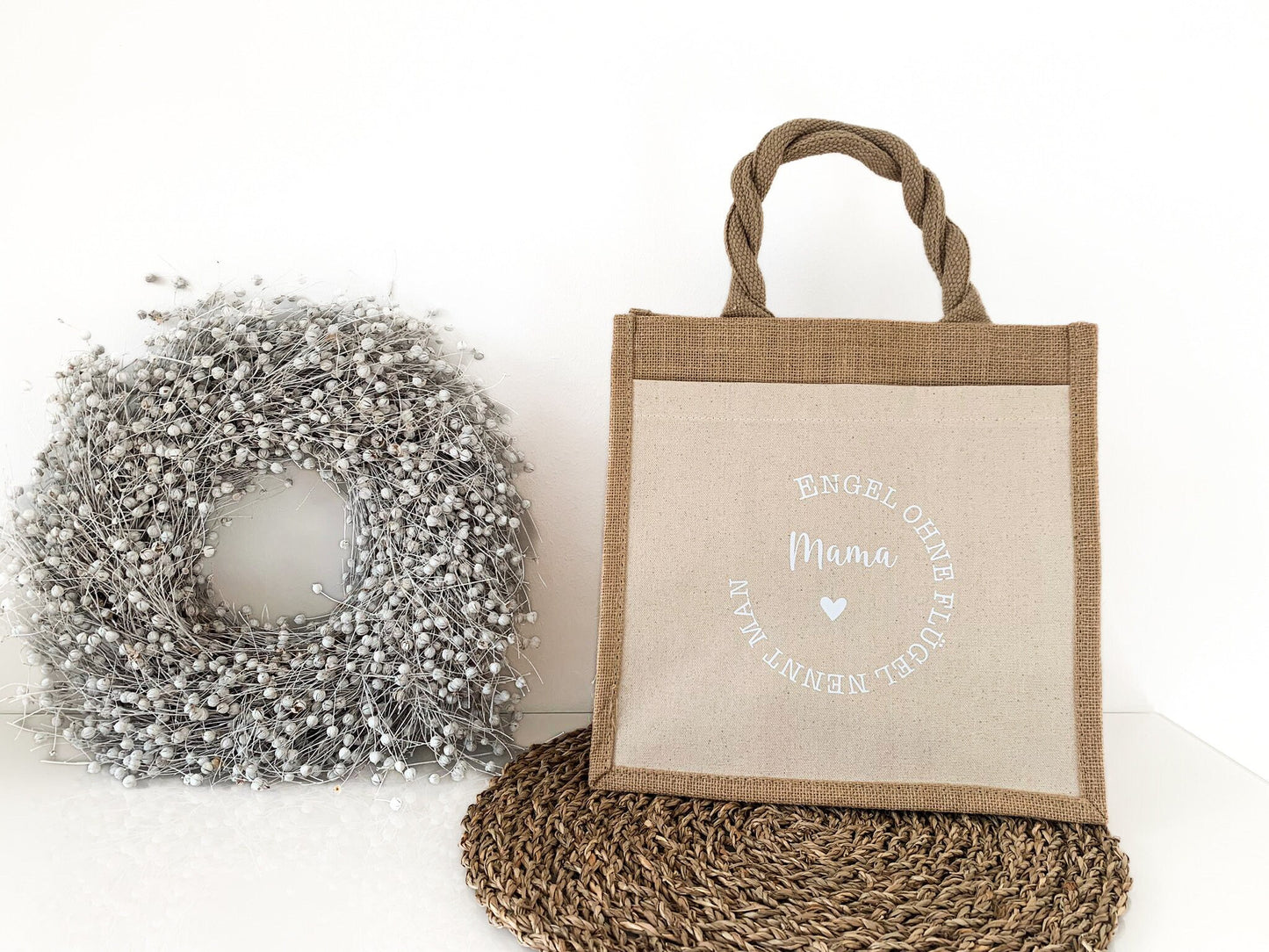 Jutetasche mit Spruch „Engel ohne Flügel nennen man Mama“