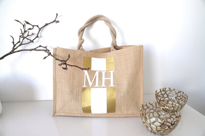 Personalisierte Jute Tasche mit Blockstreifen