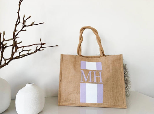 Jute Blockstreifen Tasche mit Initialen