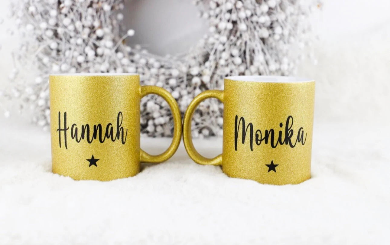 Personalisierte Glitzertasse mit Namen und Stern