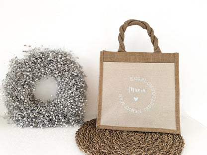 Jutetasche mit Spruch „Engel ohne Flügel nennen man Mama“