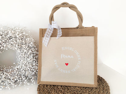 Jutetasche mit Spruch „Engel ohne Flügel nennen man Mama“