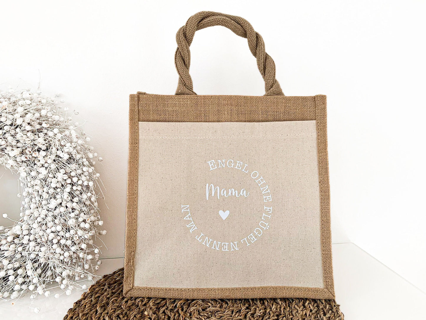 Jutetasche mit Spruch „Engel ohne Flügel nennen man Mama“