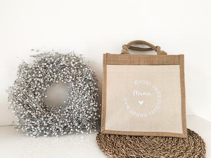 Jutetasche mit Spruch „Engel ohne Flügel nennen man Mama“