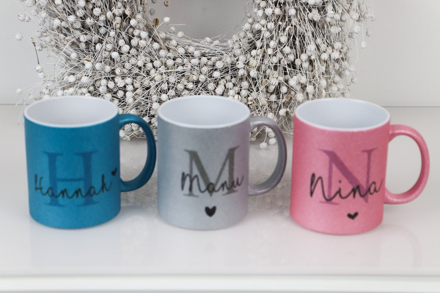 Personalisierte Glitzertasse mit Namen und Inital