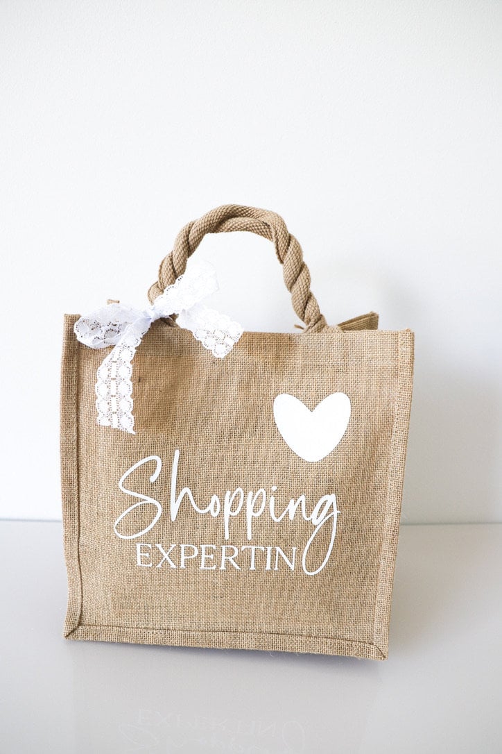 Jute Tasche mit Spruch“ Shopping Expertin „