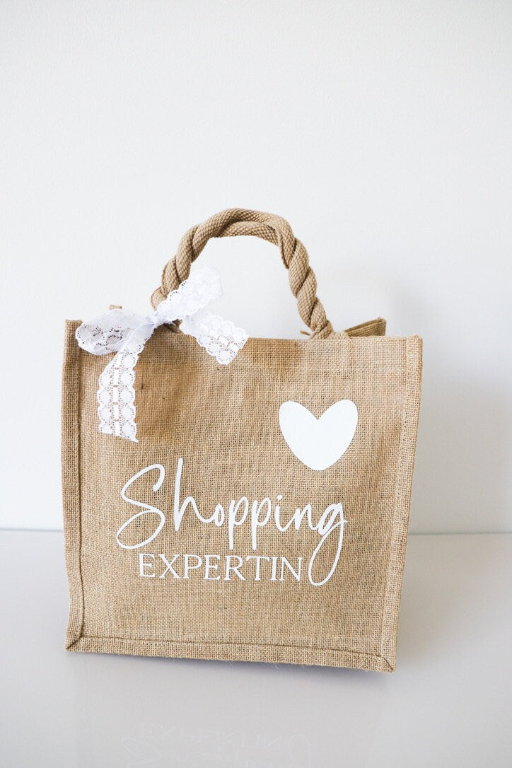 Jute Tasche mit Spruch“ Shopping Expertin „