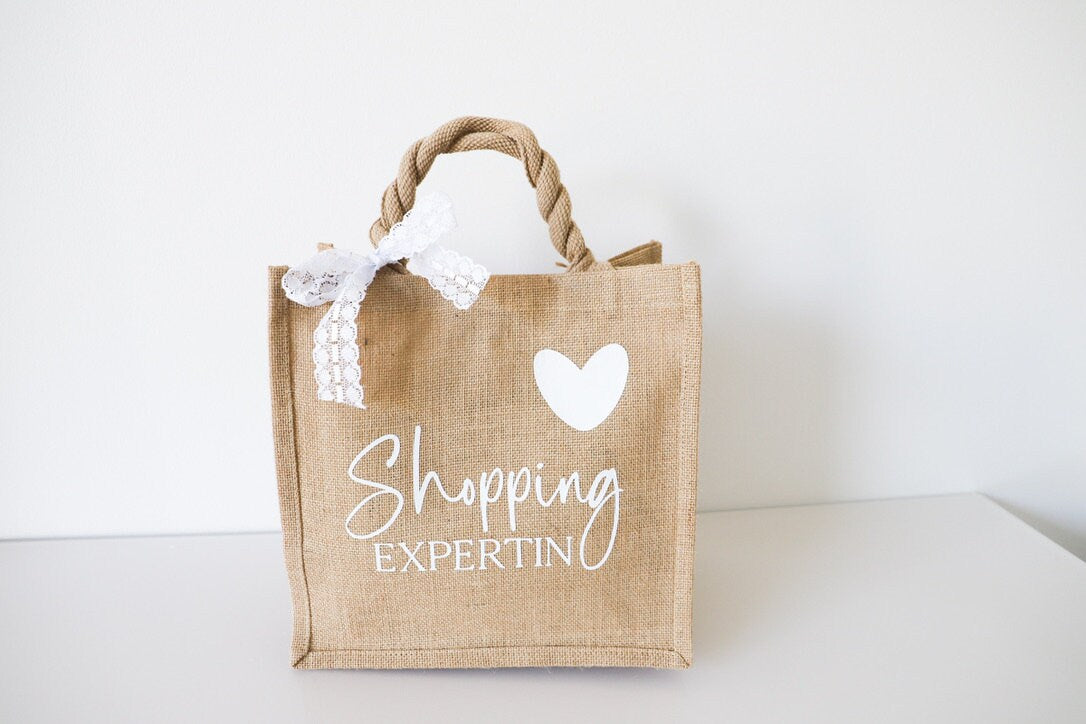 Jute Tasche mit Spruch“ Shopping Expertin „