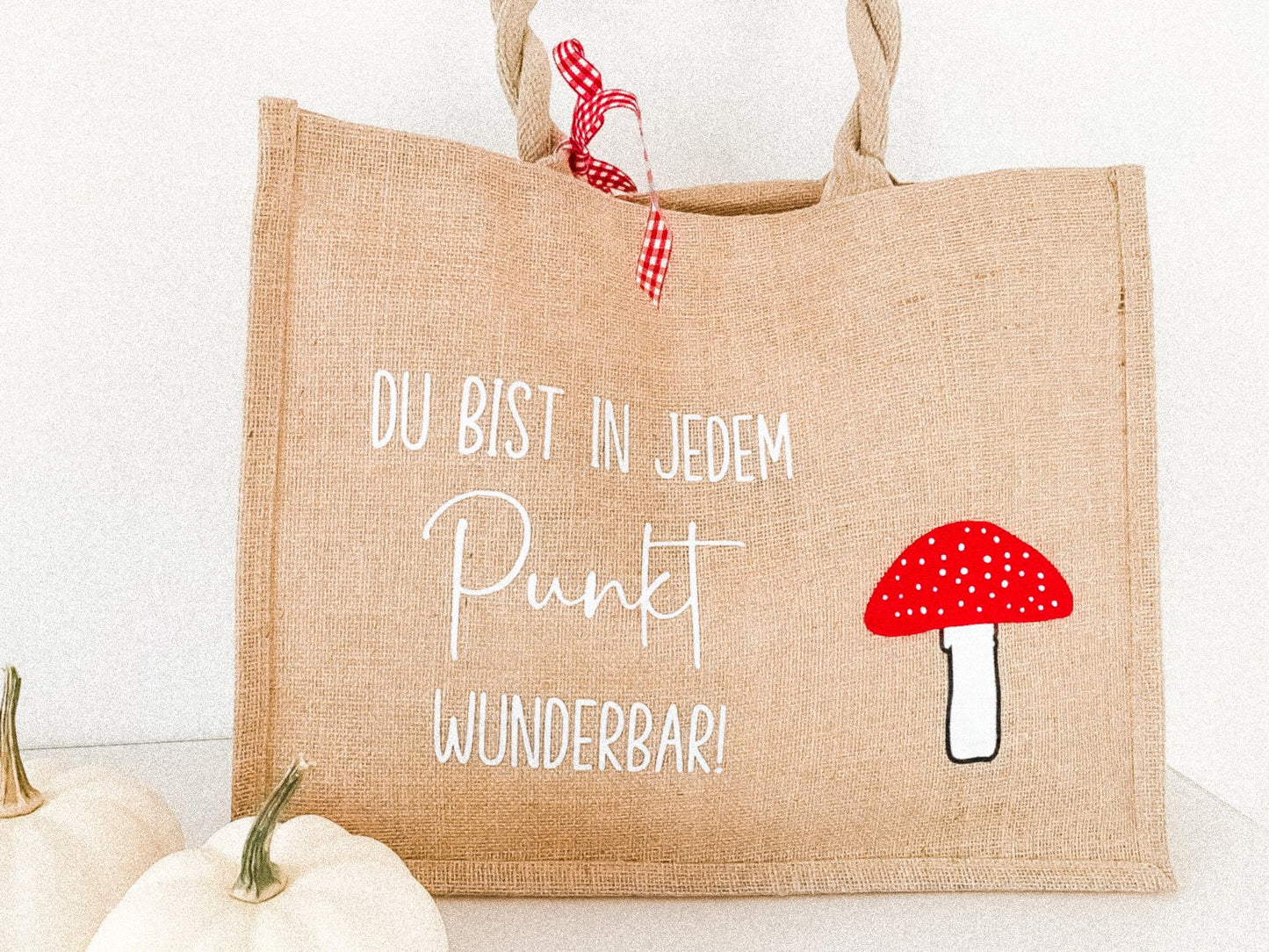 Jutetasche mit Fliegenpilz und Spruch