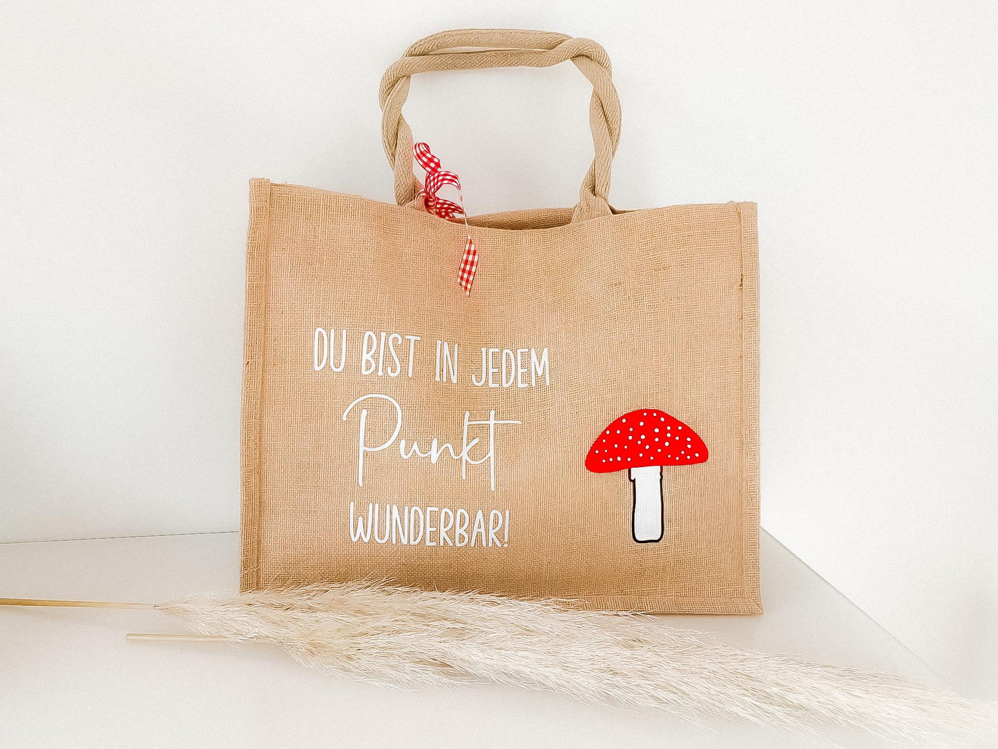Jutetasche mit Fliegenpilz und Spruch