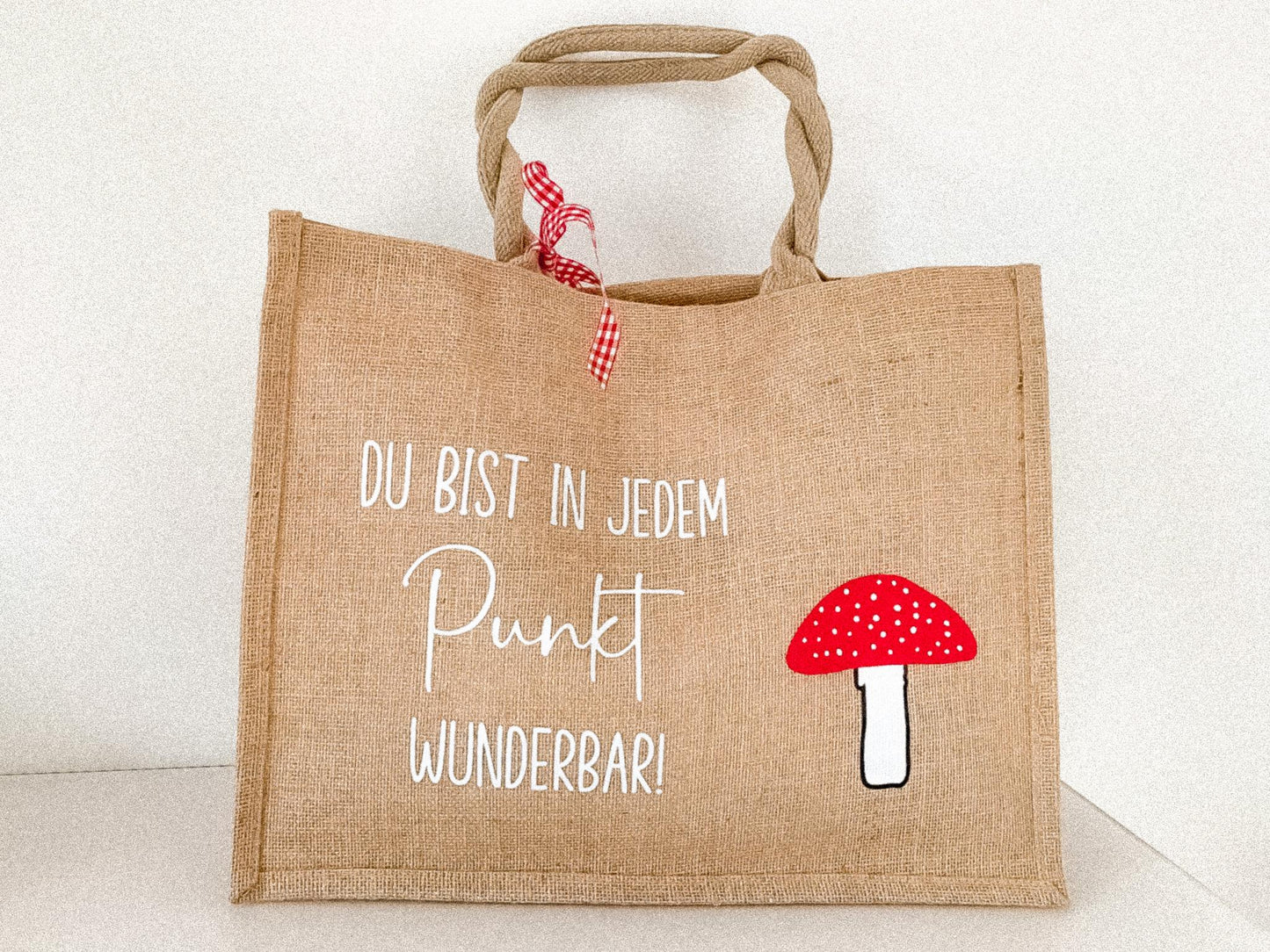 Jutetasche mit Fliegenpilz und Spruch
