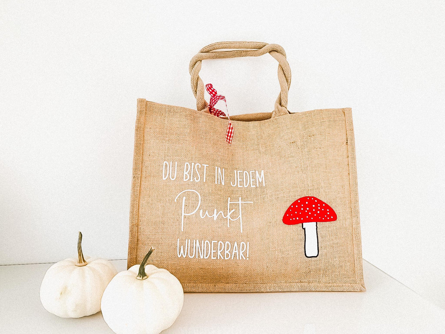 Jutetasche mit Fliegenpilz und Spruch