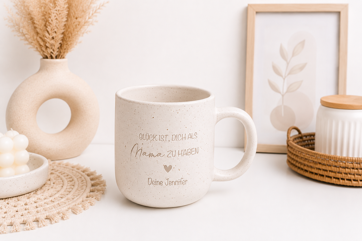 Ästhetische Geschenkidee für Mama zu Weihnachten, Geburtstag oder Ostern: Eine handgemachte Keramiktasse aus Steingut mit individueller Namenspersonalisierung inmitten von Trockenblumen.