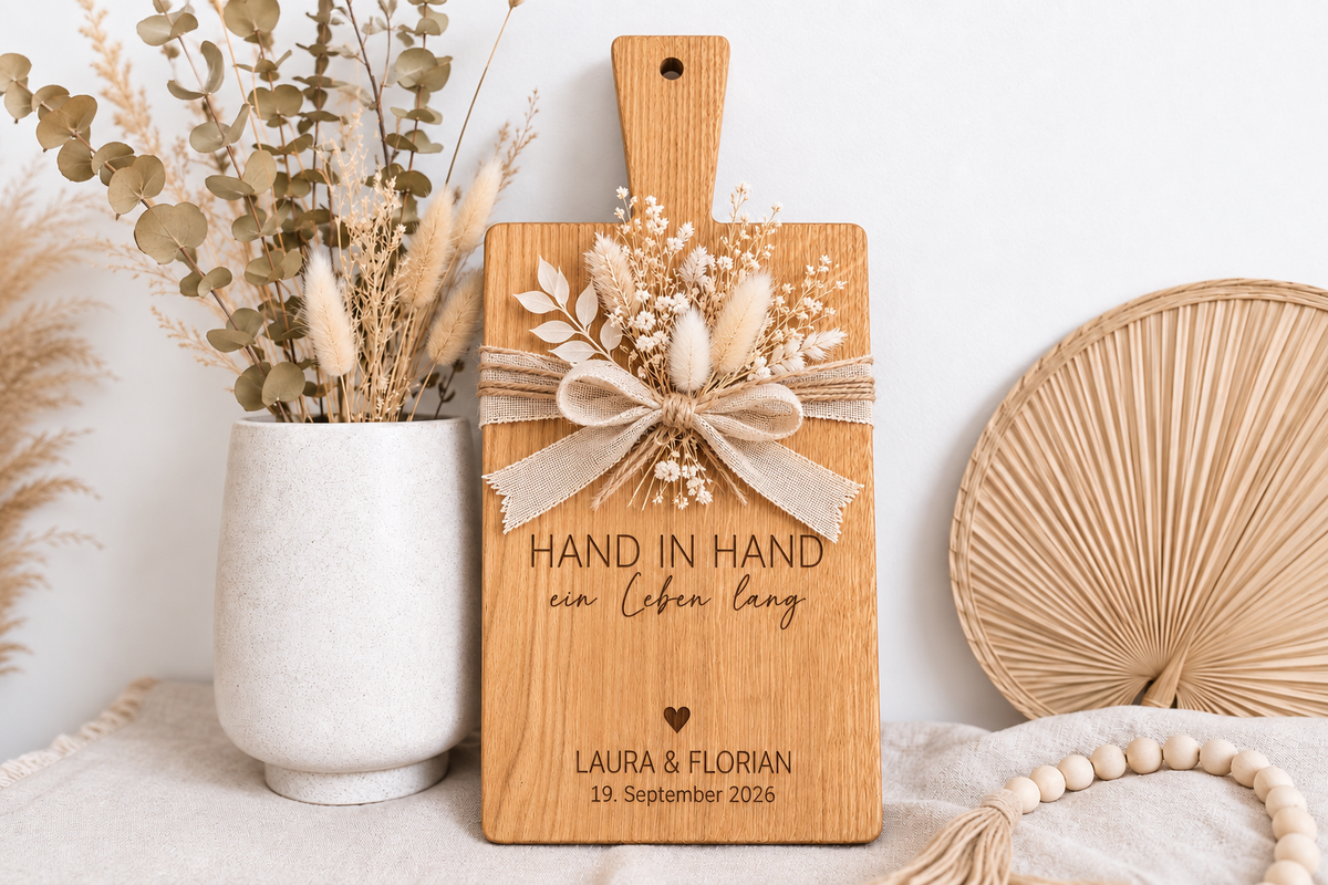 ersonalisiertes Holzbrett mit Gravur „Hand in Hand ein Leben lang“, Namen und Hochzeitsdatum – individuelle Geschenkidee zur Hochzeit für das Brautpaar.