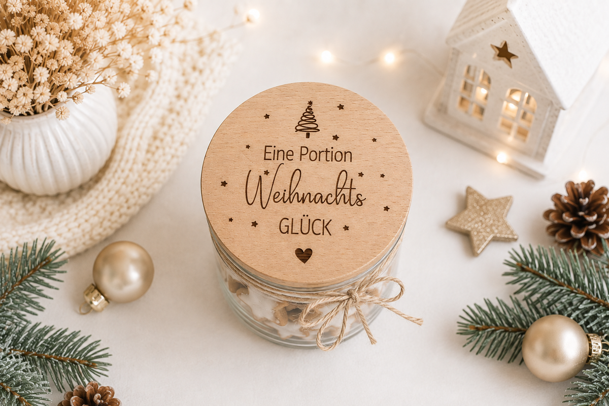 Dekoratives Vorratsglas mit graviertem Holzdeckel, Weihnachtsbaum, Sternen und Spruch „Eine Portion Weihnachtsglück“ in festlicher Weihnachtsdekoration.