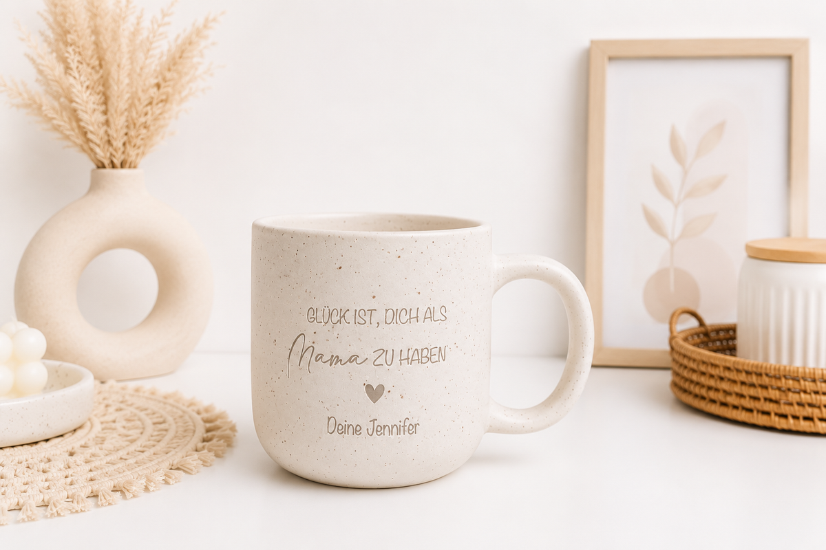Personalisierte Steingut Tasse in Beige mit Gravur „Glück ist, dich als Mama zu haben – Deine Jennifer“ als emotionales Muttertagsgeschenk auf einem hellen Tisch mit Boho-Dekoration.